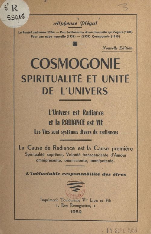 Couverture ebook de Cosmogonie, spiritualité et unité de l'univers, de Alphonse Plegat