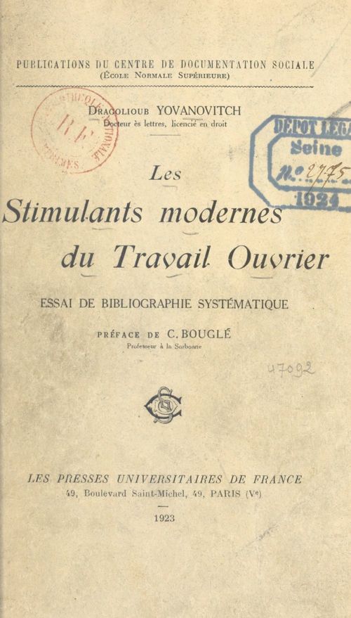 Couverture ebook de Les stimulants modernes du travail ouvrier, de Dragolioub Yovanovitch