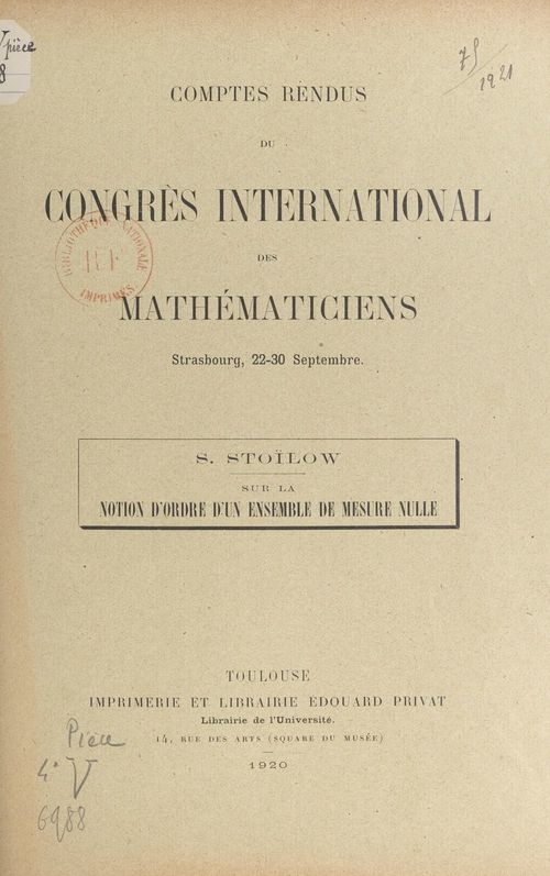 ebook cover of Sur la notion d'ordre d'un ensemble de mesure nulle, by Simion Stoilow
