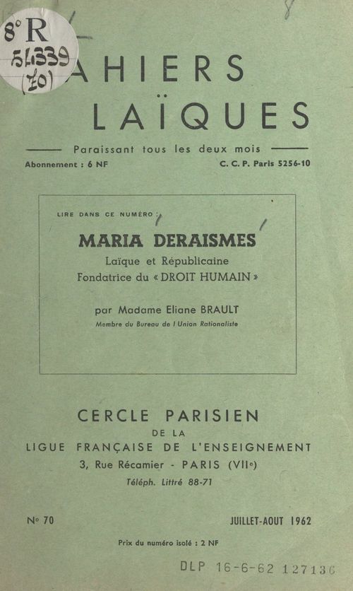 Couverture ebook de Maria Deraismes, de Eliane Brault