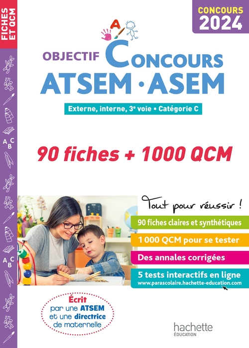 Couverture ebook de Objectif Concours ATSEM - ASEM 2024 : 90 fiches et 1 000 QCM, de Christine Blanchard, Claudine Cheyrouze