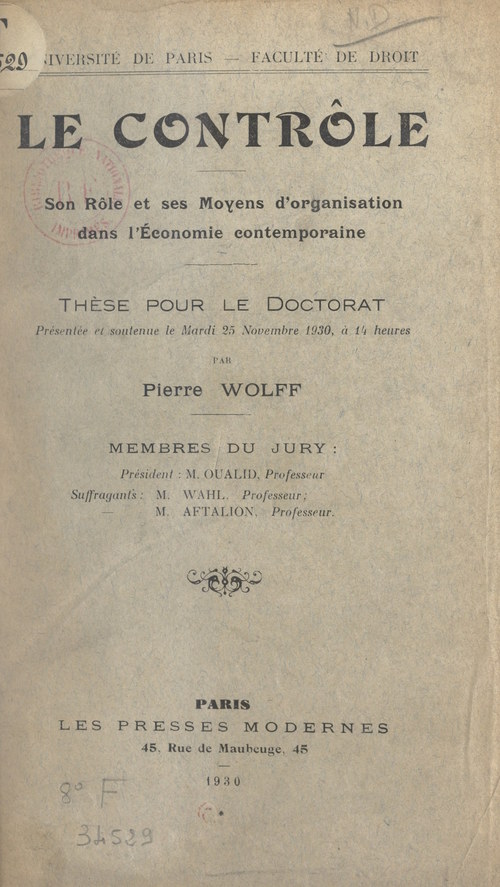 ebook cover of Le contrôle : son rôle et ses moyens d'organisation dans l'économie contemporaine, by Pierre Wolff