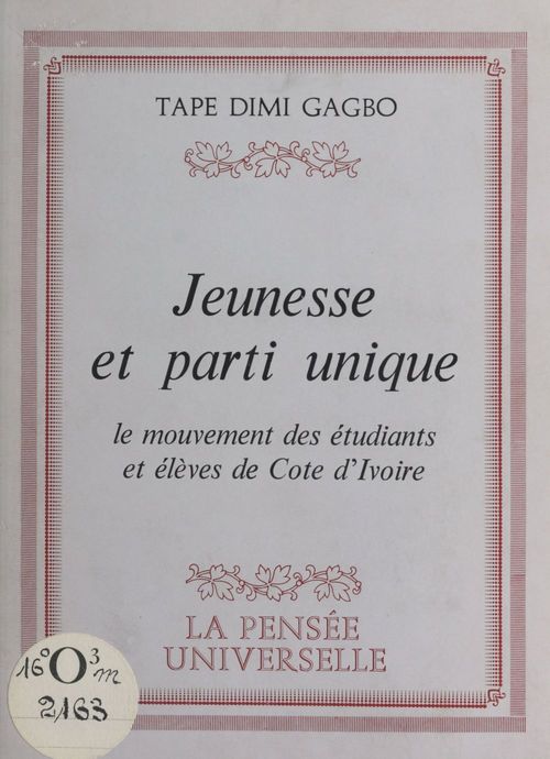 ebook cover of Jeunesse et parti unique, by Dimi Gagbo Tape