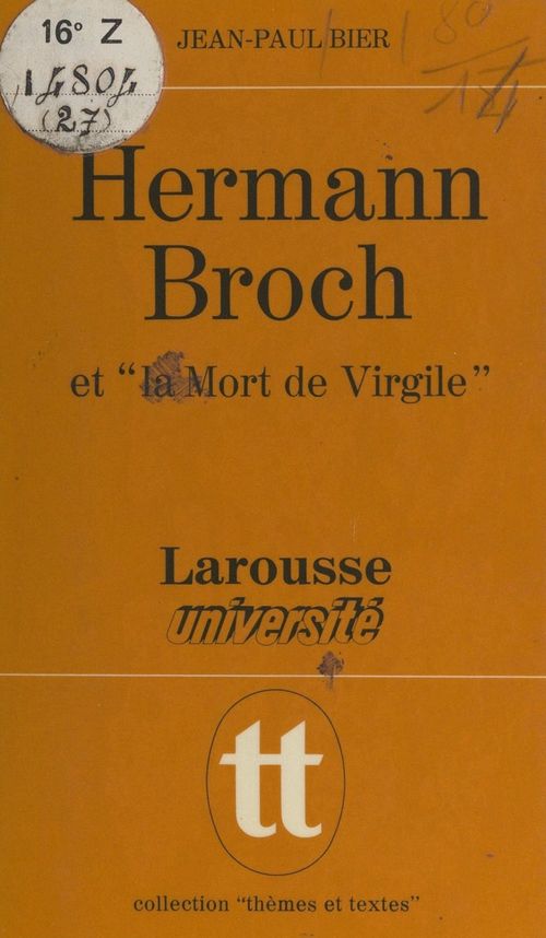 Couverture ebook de Hermann Broch et "La mort de Virgile", de Jean-Paul Bier