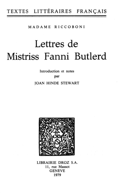 ebook cover of Lettres de Mistriss Fanni Butlerd, by Marie-Jeanne Riccoboni