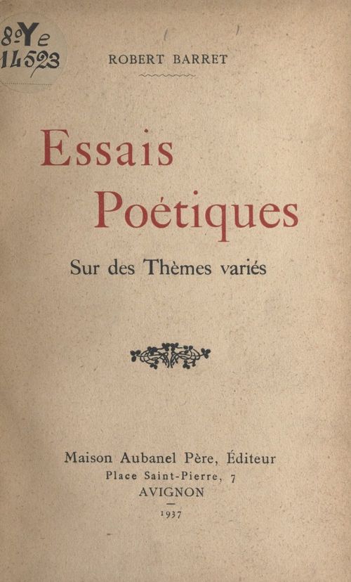 Couverture ebook de Essais poétiques sur des thèmes variés, de Robert Barret