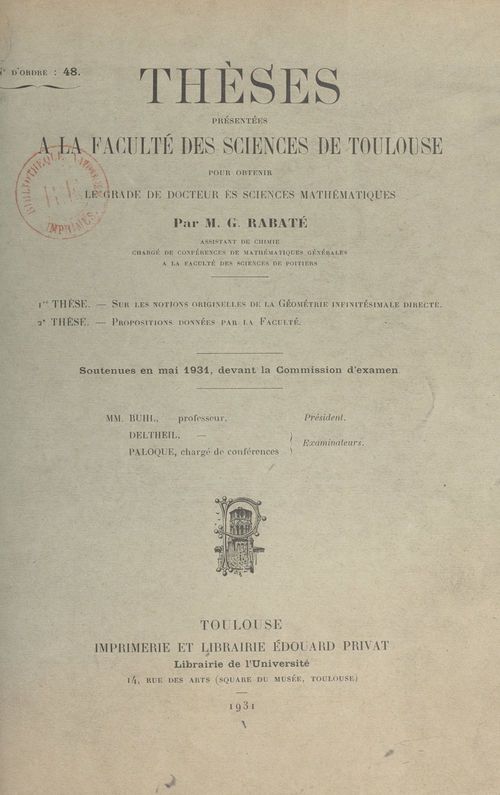 ebook cover of Sur les notions originelles de la géométrie infinitésimale directe, by G. Rabaté