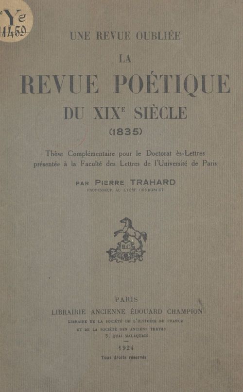 Couverture ebook de Une revue oubliée : la "Revue poétique du XIXe siècle" (1835), de Pierre Trahard
