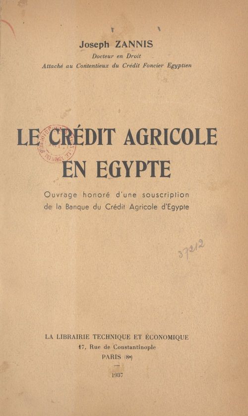 Couverture ebook de Le Crédit agricole en Égypte, de Joseph Zannis