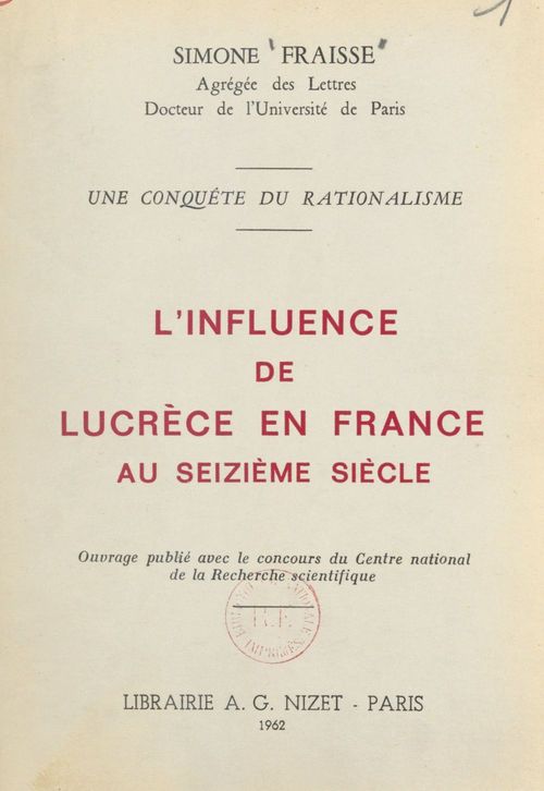 Couverture ebook de L'influence de Lucrèce en France au seizième siècle, de Simone Fraisse