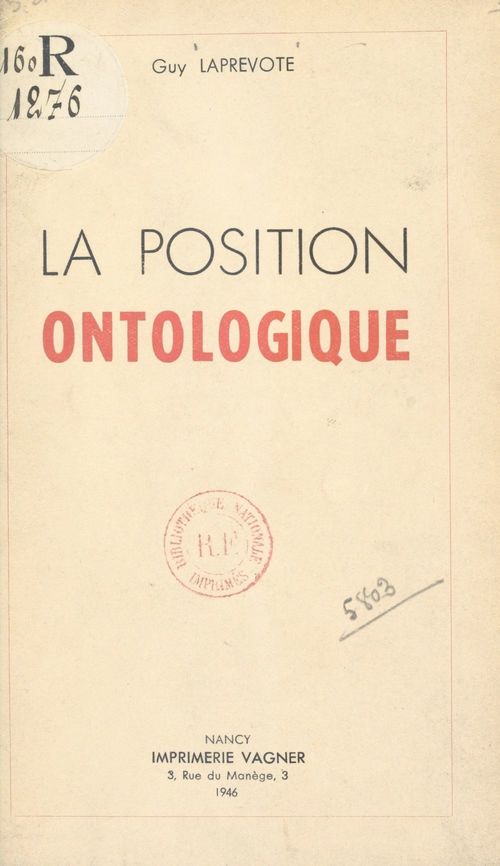 Couverture ebook de La position ontologique, de Guy Laprevote