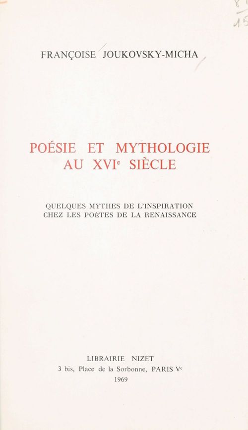 Couverture ebook de Poésie et mythologie au XVIe siècle, de Francoise Joukovsky-Micha