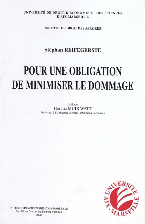 Couverture ebook de Pour une obligation de minimiser le dommage, de Stephan Reifegerste
