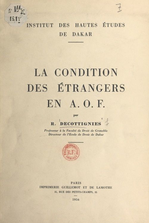 ebook cover of La condition des étrangers en A.O.F., by Roger Decottignies