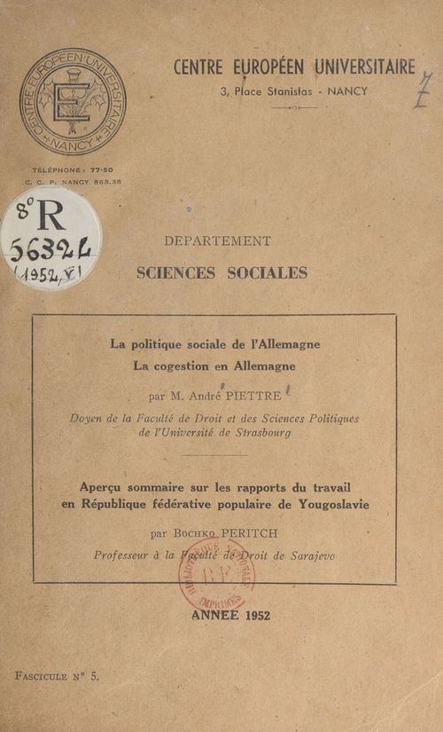 Couverture ebook de La politique sociale de l'Allemagne, la cogestion en Allemagne, de Andre Piettre, Bochko Peritch