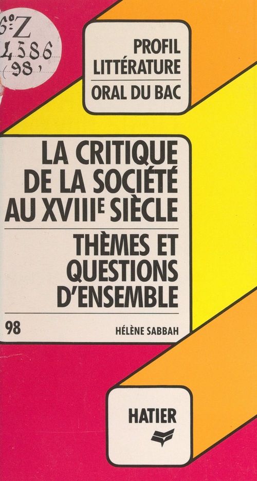 Couverture ebook de Les philosophes du XVIIIe siècle et la critique de la société, de Hélène Sabbah