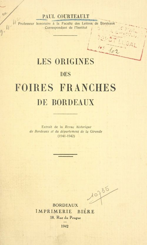 Couverture ebook de Les origines des foires franches de Bordeaux, de Paul Courteault