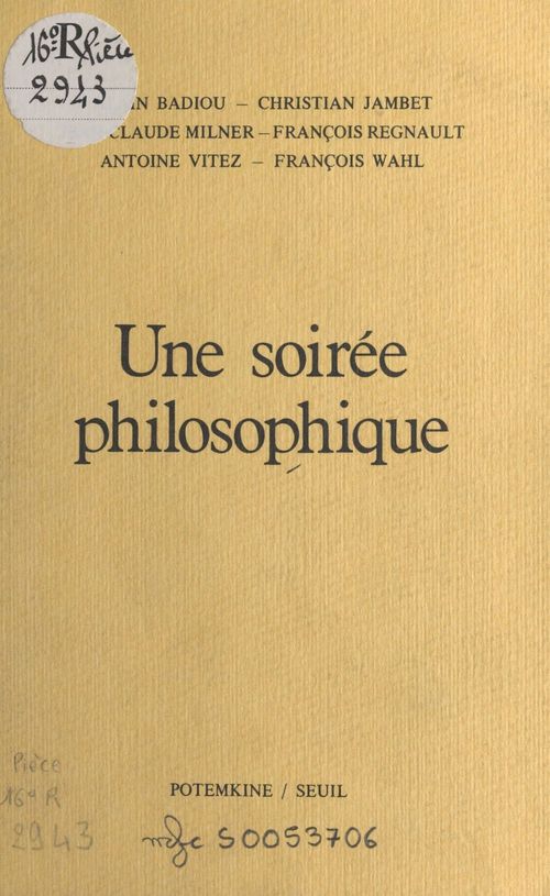 ebook cover of Une soirée philosophique, by Alain Badiou, Christian Jambet, Jean-Claude Milner