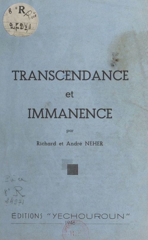 Couverture ebook de Transcendance et immanence, de André Neher, Richard Neher