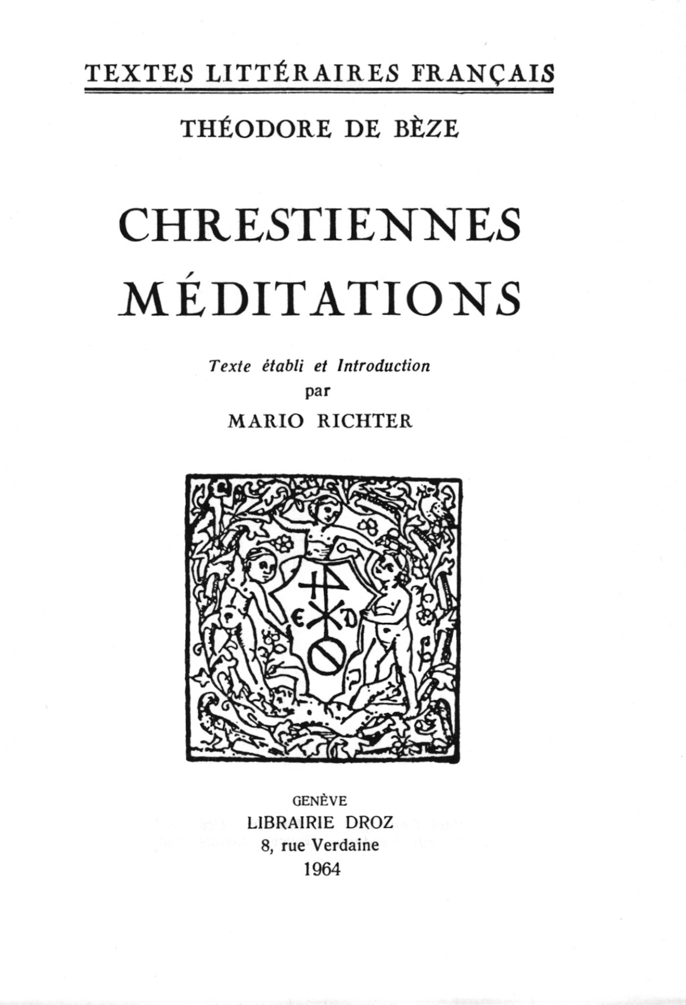 Couverture ebook de Chrestiennes méditations, de De B Ze Th Odore