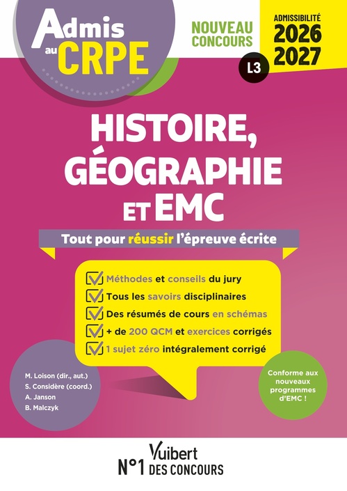 ebook cover of Admis au CRPE 2026-2027 - Epreuve écrite d´admissibilité L3 - Histoire Géographie EMC, by Sylvie Considère, Bernard Malczyk, André Janson, Marc Loison