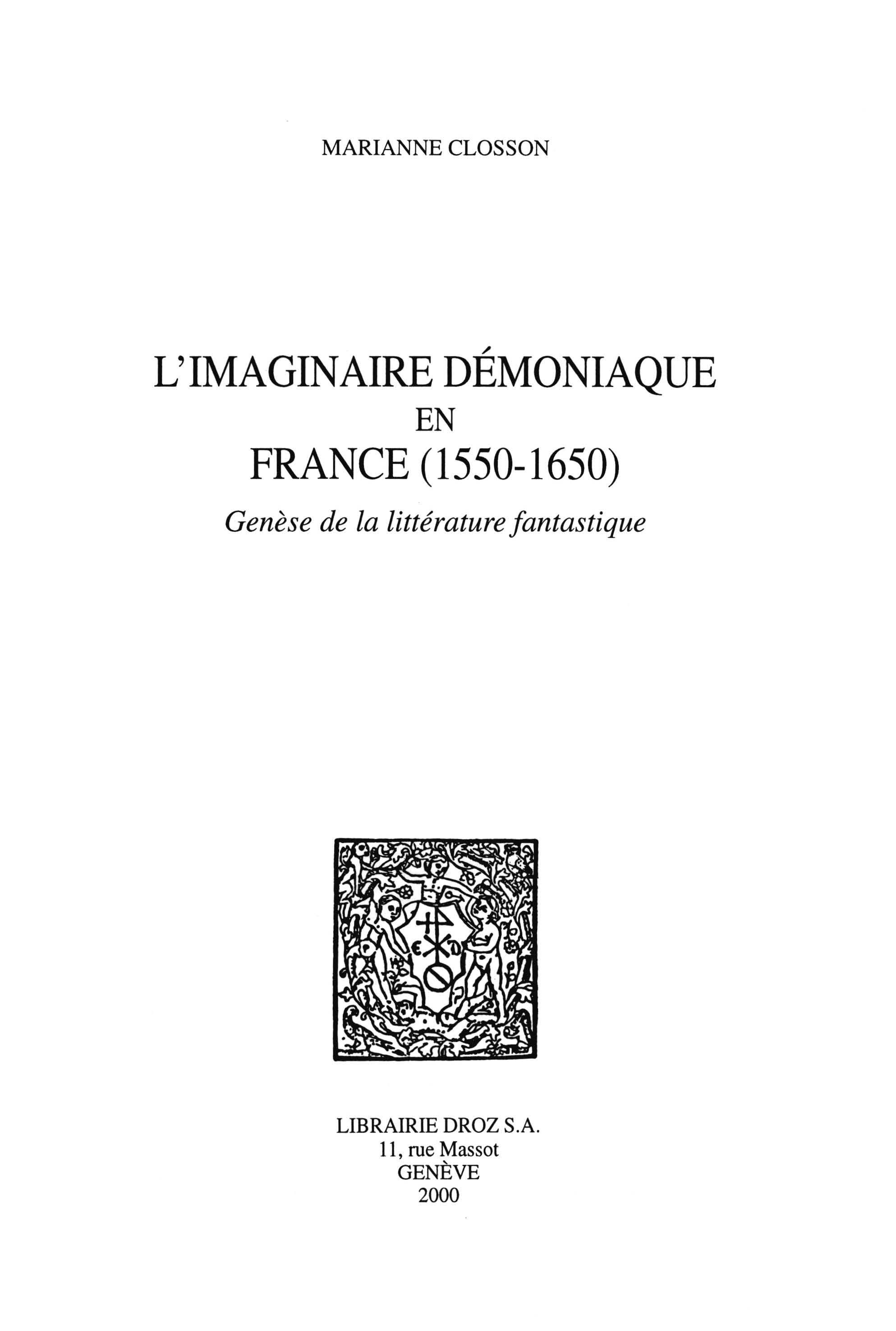Couverture ebook de L'Imaginaire démoniaque en France (1550-1650), de Closson Marianne