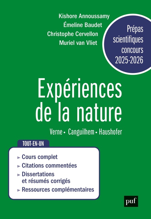 ebook cover of Expériences de la nature (Verne, Canguilhem, Haushofer) - Épreuves français-philosophie - Prépas scientifiques Concours 2025-2026, by Kishore Annoussamy, Emeline Baudet, Christophe Cervellon, Muriel Van Vilet
