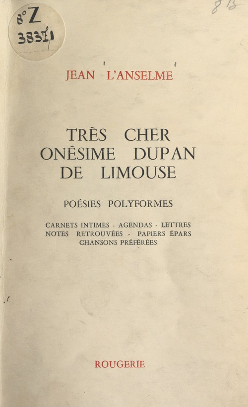 ebook cover of Très cher Onésime Dupan de Limouse, by Jean L'anselme