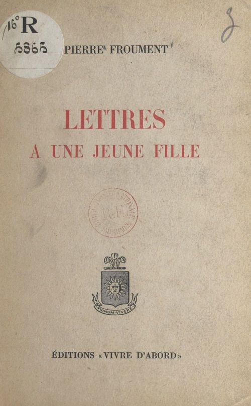 Couverture ebook de Lettres à une jeune fille, de Pierre Froument
