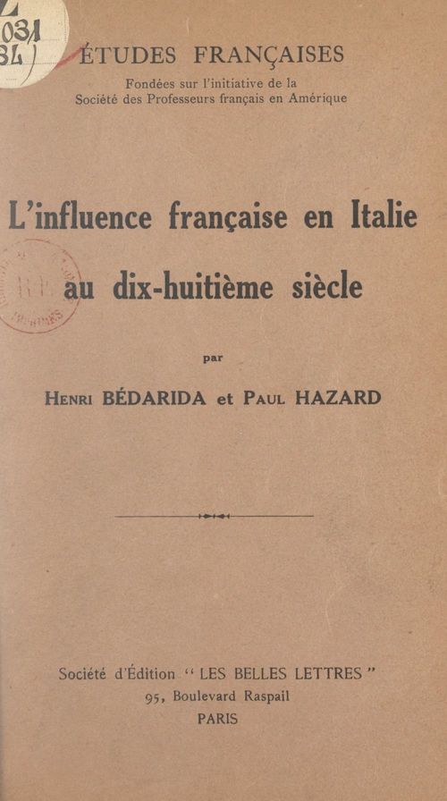 ebook cover of L'influence française en Italie au dix-huitième siècle, by Henri Bedarida, Paul Hazard