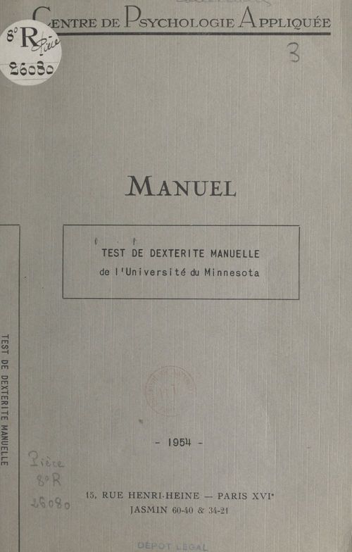 ebook cover of Test de dextérité manuelle de l'Université du Minnesota, by Centre De Psychologie Appliquee