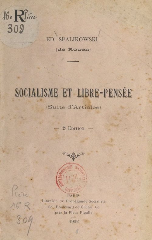 Couverture ebook de Socialisme et libre-pensée, de Edmond Spalikowski