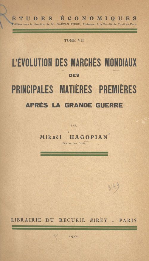 ebook cover of L'évolution des marchés mondiaux des principales matières premières après la Grande guerre, by Mikael Hagopian