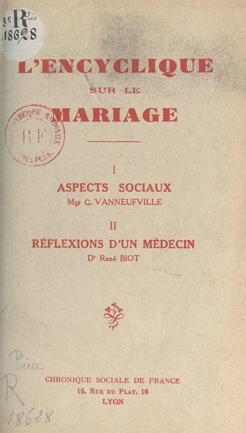 Couverture ebook de L'encyclique sur le mariage (1). I. Aspects sociaux, de Gaston Vanneufville, Rene Biot