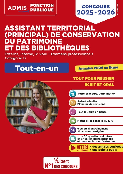 Couverture ebook de Concours Assistant territorial et Assistant principal de conservation du patrimoine et des bibliothèques - Catégorie B - Tout-en-un, de Albane Lejeune