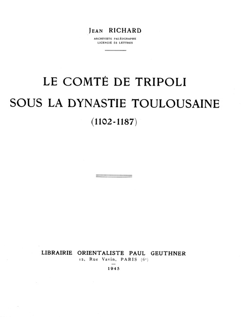 ebook cover of Le comté de Tripoli sous la dynastie toulousaine (1102-1187), by Jean Richard