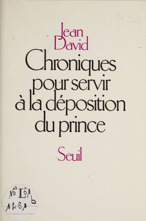ebook cover of Chroniques pour servir à la déposition du prince, by David Jean