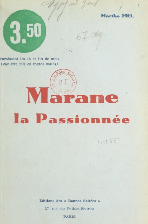 Couverture ebook de Marane la passionnée, de Marthe Fiel