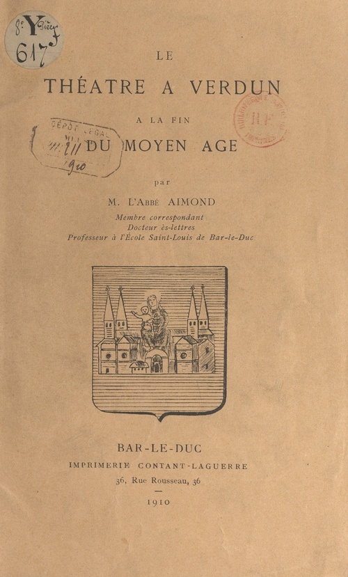 Couverture ebook de Le théâtre à Verdun à la fin du Moyen Âge, de Charles Aimond