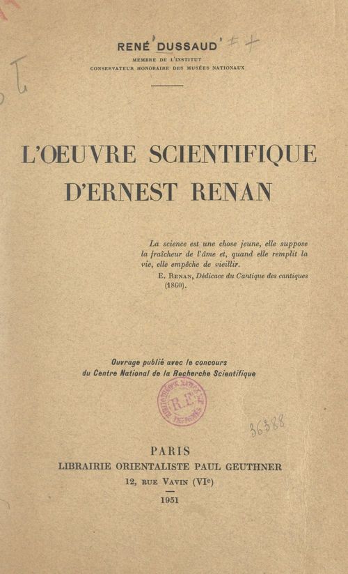 ebook cover of L'oeuvre scientifique d'Ernest Renan, by Rene Dussaud