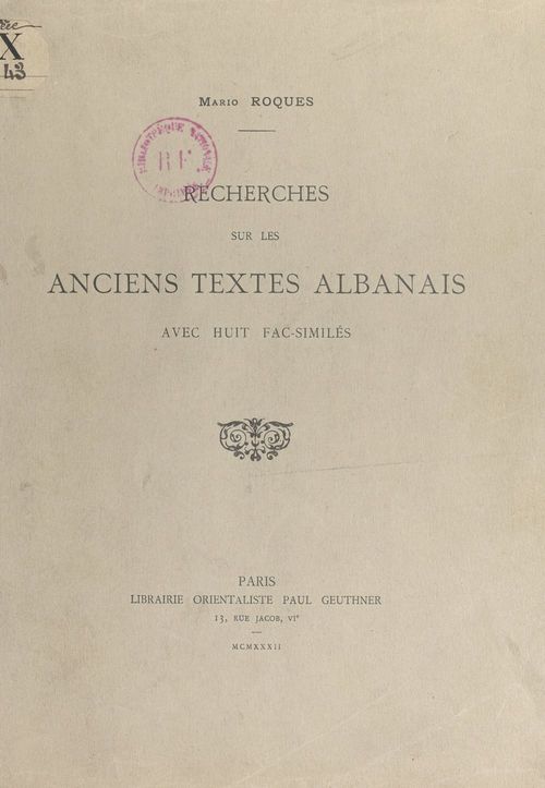 Couverture ebook de Recherches sur les anciens textes albanais, de Mario Roques