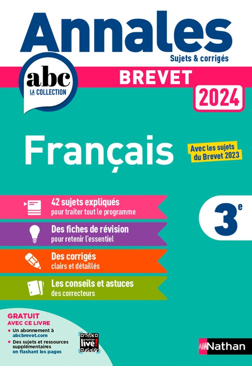 Couverture ebook de Annales ABC du Brevet 2024 - Français 3e - Sujets et corrigés + fiches de révisions - EPUB, de Thomas Bouhours