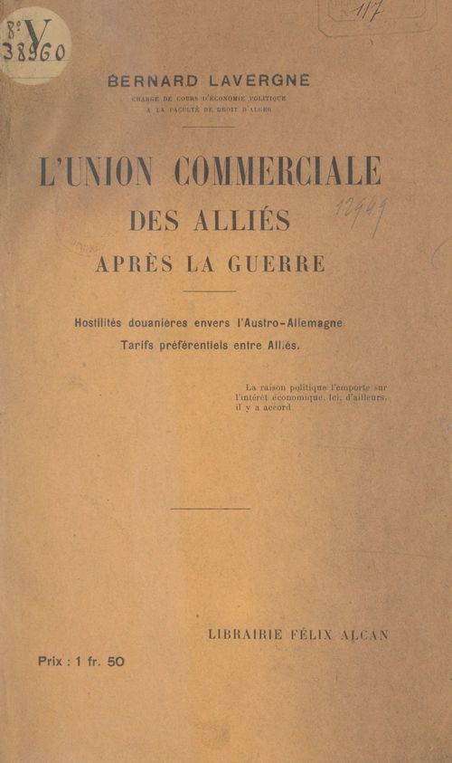 Couverture ebook de L'union commerciale des alliés après la guerre, de Bernard Lavergne