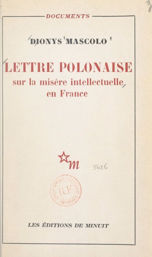 Couverture ebook de Lettre polonaise sur la misère intellectuelle en France, de Dionys Mascolo