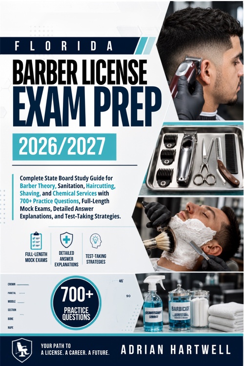 ebook cover of FLORIDA BARBER LICENSE EXAM PREP 2026/2027, by Adrian Hartwell