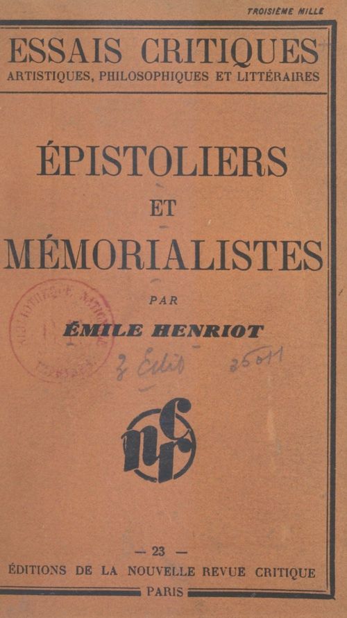Couverture ebook de Épistoliers et mémorialistes, de Emile Henriot