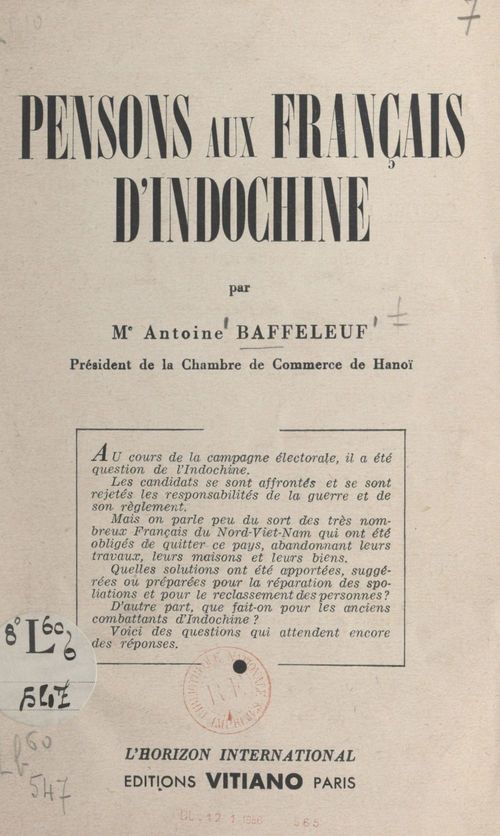 Couverture ebook de Pensons aux Français d'Indochine, de Antoine Baffeleuf
