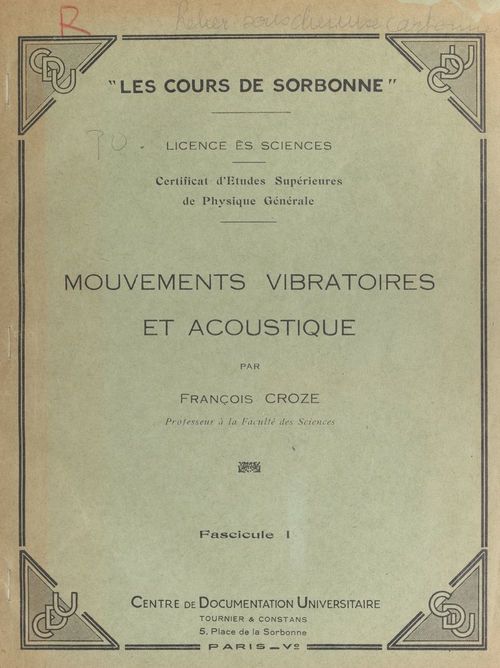 ebook cover of Mouvements vibratoires et acoustique (1), by Francois Croze