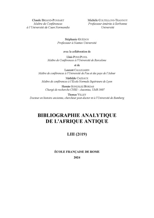 ebook cover of Bibliographie analytique de l´Afrique antique LIII (2019), by Claude Briand-Ponsart, Michèle Coltelloni-Trannoy, Stéphanie Guédon, Lluís Pons Pujol, Laurent Callegarin, Hernán Gonzál