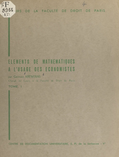 Couverture ebook de Éléments de mathématiques à l'usage des économistes (1), de Germain Kreweras